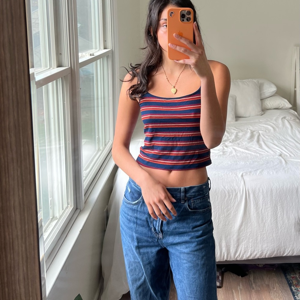 Blue and orange striped crop top tank